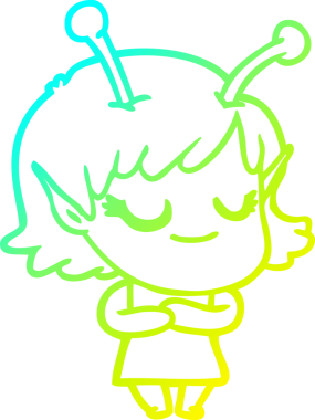 Bir insan tarafından çizilmiş gülümseyen uzaylı kız çizgi filmi.