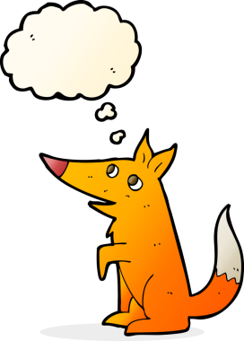 Bir insan tarafından çizilmiş düşünce balonlu tilki yavrusu.