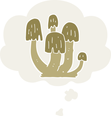 Düşünce baloncuğu olan karikatür mantarları insan tarafından çizilmiş.