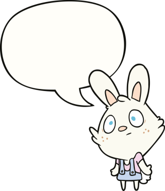 Bir insan tarafından çizilmiş konuşma balonuyla omuz silken sevimli çizgi film tavşanı.