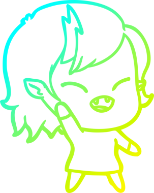 Bir insan tarafından çizilmiş, gülen vampir bir kızın çizgi film çizimi.