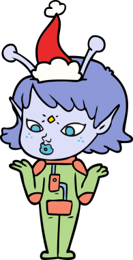 Güzel bir el çizimi. Bir insan tarafından çizilmiş Noel Baba şapkası takan uzaylı bir kız çizimi.