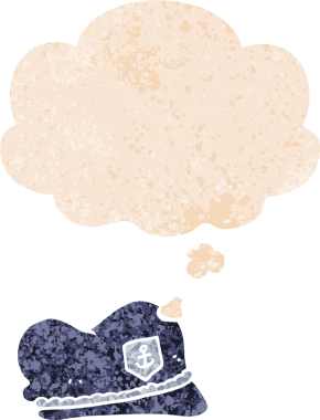 Düşünce baloncuklu çizgi film denizci şapkası grunge sıkıntılı retro dokuma tarzı bir insan tarafından çizilmiş