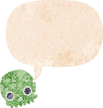 grunge 'da konuşma baloncuğu olan karikatür kafatası bir insan tarafından çizilmiş gerilimli retro stil