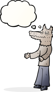 Bir insan tarafından çizilmiş düşünce balonlu bir kurt adam.