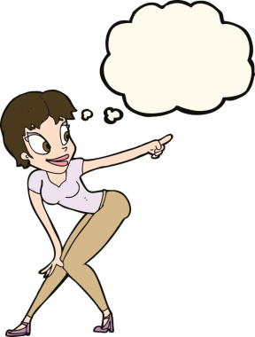 Bir insan tarafından çizilmiş düşünce baloncuğuyla işaret eden güzel bir kadın.