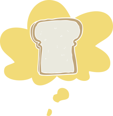 bir insan tarafından çizilmiş, düşünce baloncuklu bir ekmek dilimi.