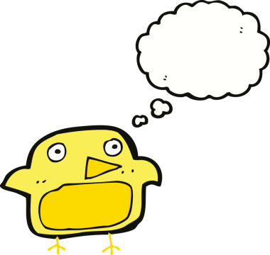 Bir insan tarafından çizilmiş düşünce baloncuklu çizgi film kuşu.