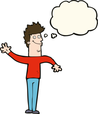 Bir insan tarafından çizilmiş düşünce balonlu mutlu sallanan adam.