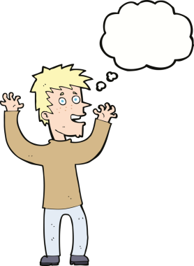 Bir insan tarafından çizilmiş düşünce baloncuğu ile heyecanlı bir adam.