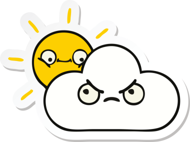 Bir insan tarafından çizilmiş şirin bir karikatür güneş ışığı ve bulut çıkartması.