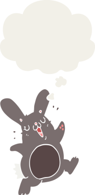 Düşünce baloncuklu çizgi film tavşanı insan tarafından çizilmiş.