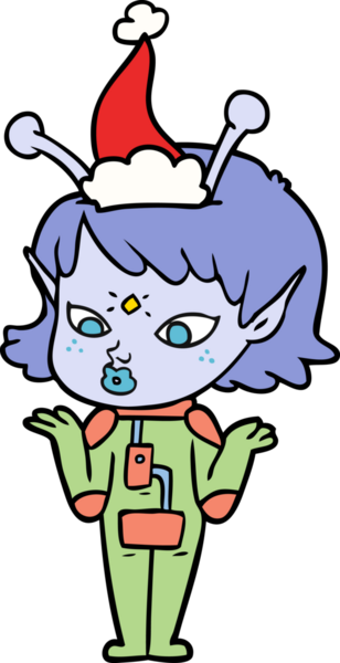 Güzel bir el çizimi. Bir insan tarafından çizilmiş Noel Baba şapkası takan uzaylı bir kız çizimi.