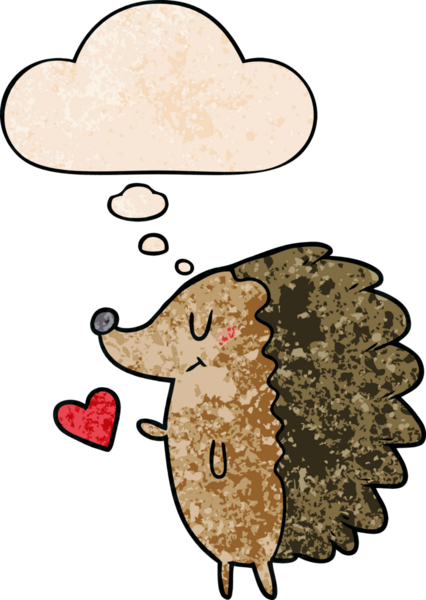 Hoş bir çizgi film kirpisi, insan tarafından çizilmiş grunge desenli düşünce baloncuğu.