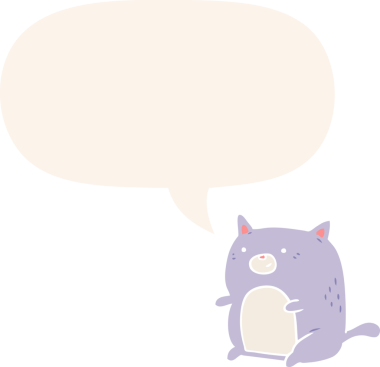 Konuşma baloncuğu olan çizgi film kedisi insan tarafından çizilmiş.