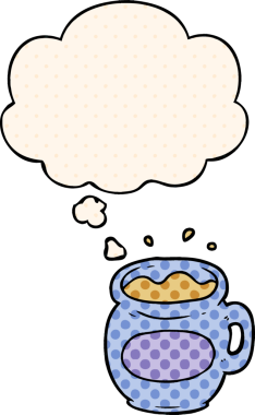 Çizgi roman tarzında bir insan tarafından çizilmiş düşünce balonlu kahve fincanı.