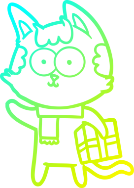 Bir insan tarafından çizilmiş Noel hediyeli mutlu bir çizgi film kedisinin soğuk gradyan çizimi.