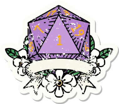 Bir insan tarafından çizilmiş doğal bir d20 zarının grunge çıkartması.