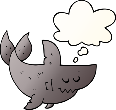 Bir insan tarafından çizilmiş, düşünce baloncuklu çizgi film köpekbalığı.