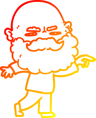 Sıcak bir çizgi film karakteri çizimi, sakallı, kaşlarını çatmış ve bir insan tarafından çizilmiş.