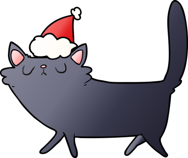 Bir insanın çizdiği Noel Baba şapkası takan siyah bir kedinin el çizimi çizgi filmi.