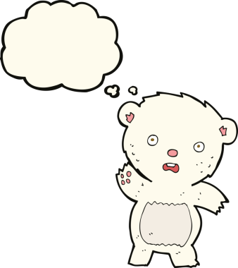 Bir insan tarafından çizilmiş düşünce baloncuğu ile kutup ayısı yavrusu sallayan çizgi film