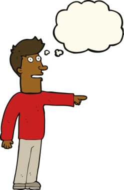 Bir insan tarafından çizilen düşünce baloncuğuyla işaret eden çizgi film adamı.