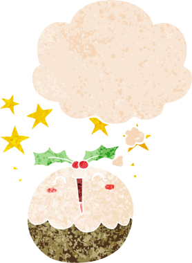 Sevimli çizgi film mutlu noel pudingi. Düşünce baloncuğu ve grunge dertli retro stili bir insan tarafından çizilmiş.