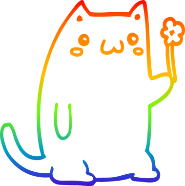 Gökkuşağı gradyan çizgisi bir insan tarafından çizilmiş çiçekli şirin bir çizgi kedi çizimi