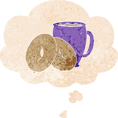 Düşünce baloncuklu çizgi film kahveyi ve çörekleri grunge dertli eski moda bir insan tarafından çizilmiş.