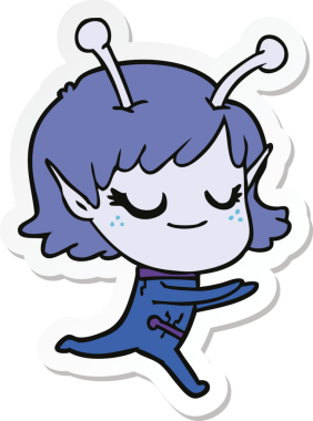 Bir insan tarafından çizilen gülümseyen uzaylı kız çizgi filminin çıkartması.