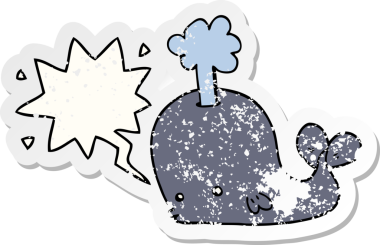 Konuşma baloncuğu olan karikatür balinası bir insan tarafından çizilmiş sıkıntılı eski bir çıkartma