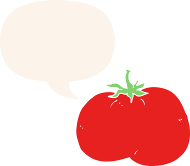 bir insan tarafından çizilmiş, konuşma baloncuklu çizgi film domatesi