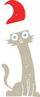 Bir insan tarafından çizilmiş Noel şapkalı kedinin düz renk çizimi