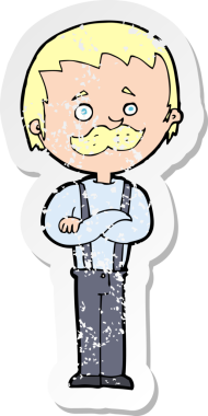 Bir insan tarafından çizilmiş bıyıklı bir karikatürcünün gerilemiş çıkartması.