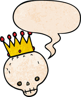 İnsan tarafından çizilmiş, eski moda konuşma baloncuklu bir kafatası.