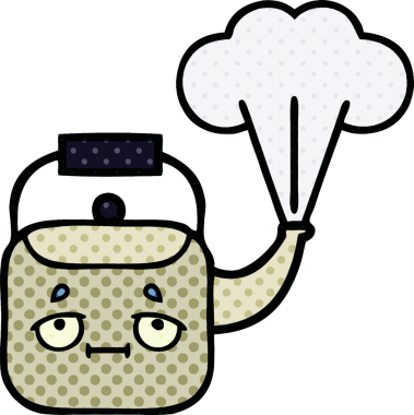 Bir insan tarafından çizilmiş dumanı tüten bir çaydanlığın çizgi romanı.