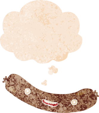 Düşünce baloncuklu çizgi film sosisi grunge sıkıntılı retro dokuma tarzı bir insan tarafından çizilmiş