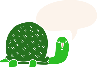 Konuşma baloncuğu olan sevimli çizgi film kaplumbağası insan tarafından çizilmiş.