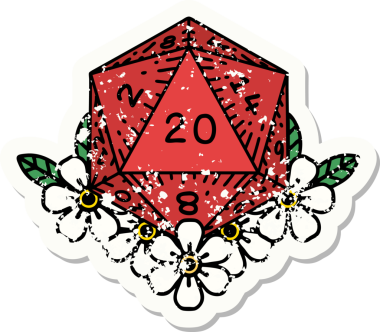 Bir insan tarafından çizilmiş çiçek elementleriyle 20 D20 zarının grunge sticker 'ı.