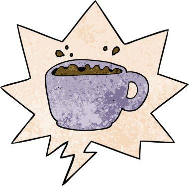 Bir insan tarafından çizilmiş eski moda konuşma baloncuklu çizgi film kahve fincanı.