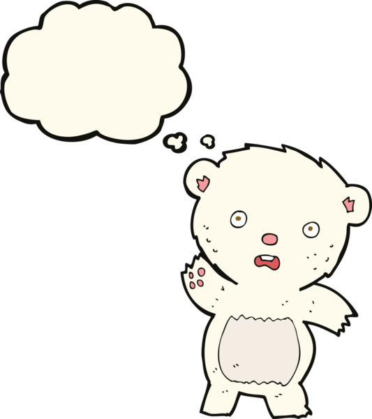 Bir insan tarafından çizilmiş düşünce baloncuğu ile kutup ayısı yavrusu sallayan çizgi film