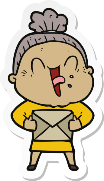 Bir insan tarafından çizilmiş mutlu yaşlı bir kadının çıkartması.