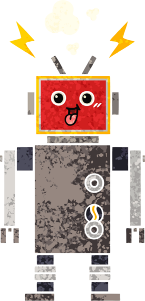 Bir insan tarafından çizilmiş çılgın bir robotun retro çizim tarzı karikatürü.