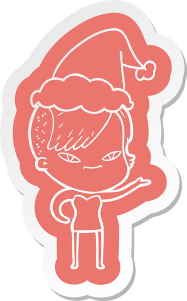 Hipster saç kesimi olan, Noel Baba şapkası takan bir kızın komik çizgi film çıkartması.