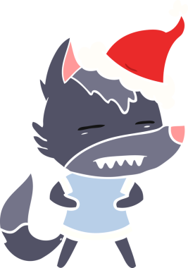 Bir insan tarafından çizilmiş Noel Baba şapkası takan bir kurdun düz renk çizimi.