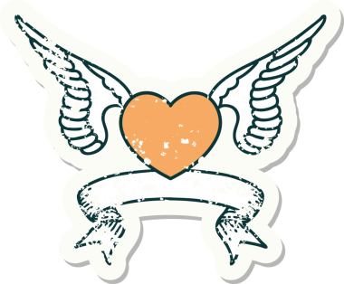 Bir insan tarafından çizilmiş kanatlı bir kalbin bayrağını taşıyan eski bir etiket.