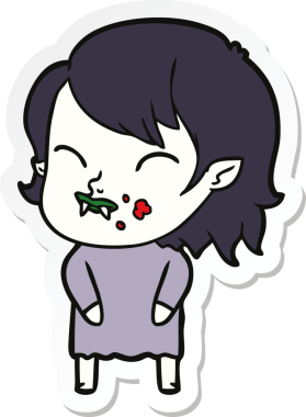 Bir insan tarafından çizilmiş yanağında kan olan vampir bir kızın çıkartması.