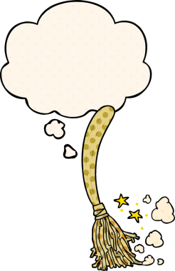 Çizgi roman tarzında bir insan tarafından çizilmiş düşünce balonlu sihirli süpürge.