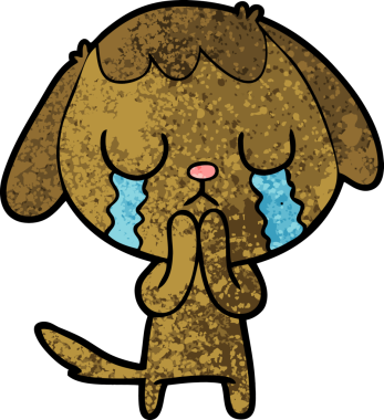 Bir insan tarafından çizilmiş şirin bir çizgi film köpeği ağlıyor.